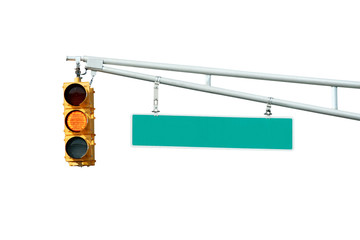 Isolated Yellow traffic signal light with sign on white