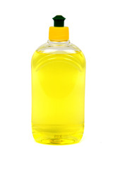 Yellow liquid soap in trasparent plastic bottles. Path included