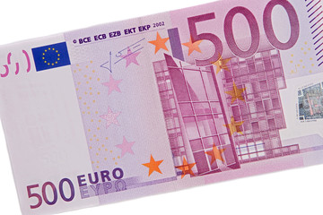 One bill of five hundred of euros a over white background