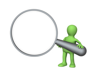 3d puppet, holding in hands the big magnifier