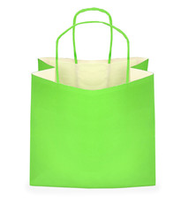 green shopping bag on white, minimal shadow in front