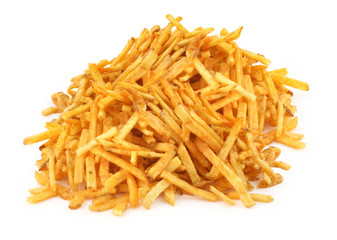 heap of french fries against white background