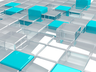 blue plastic and transparent glass cubes