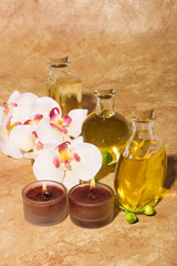 Essential body massage oils in bottles for bodycare