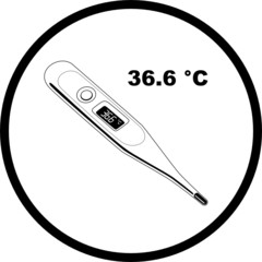 Vector thermometer icon. Shows 36.6 degrees Celsius.