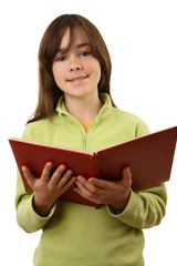 Girl readig book isolated on white