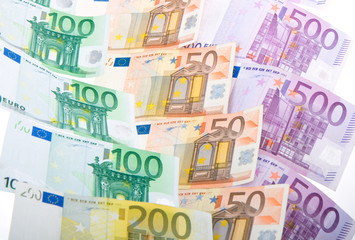 European currency banknotes on white background