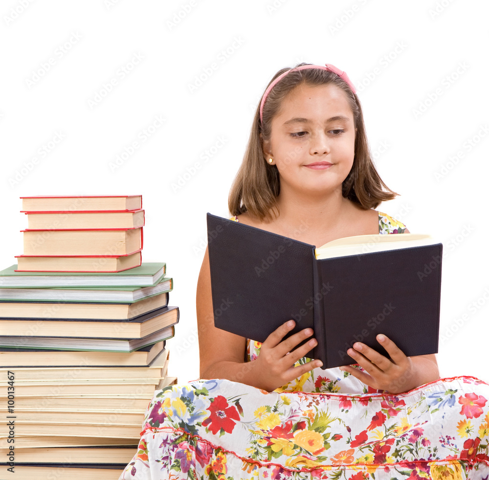 Sticker adorable girl with many books reading on wooden floor