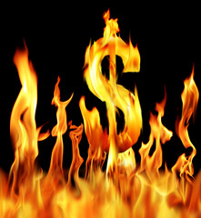 dollar sign shapped fire flame over black background