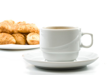 Appetizing pie and cup of coffee on a white background