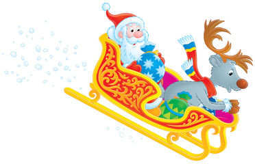 Santa Claus and Reindeer rush in the sledge