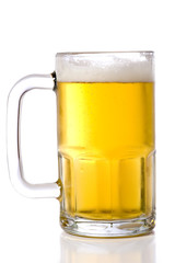 A large glass beer mug on a white background
