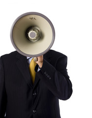 A business man, banker or preacher with a megaphone