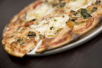 A Turkish style Goats cheese and roasted vegatable pizza