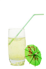 Fizzy drink with straw and cocktail umbrella