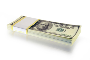 Bundle of dollar's bank notes lying on white background