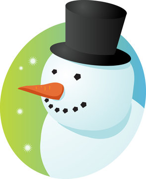 Smiling cheery snowman in tophat, winter scene illustration