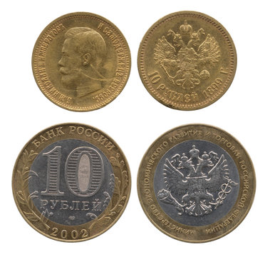 Russian gold coin of 10 roubles of 1899 and coin of 2002