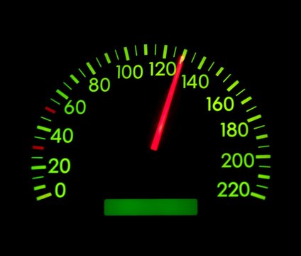 Speedometer showing 130 glowing green