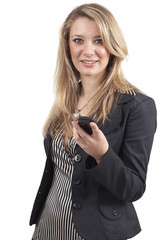 Beautiful blonde businesswoman wearing office clothes typing