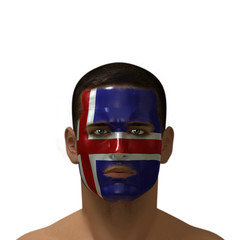 Portrait of a male with an Icelandic flag painted on his face.