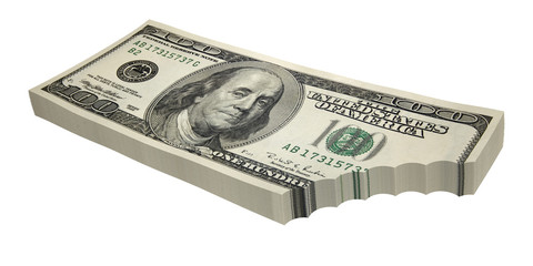 Traces of a teeth on a sheaf of dollars.