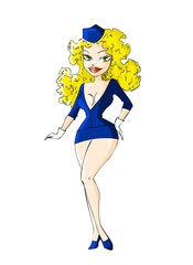 Sexy stewardess with blond curly hair