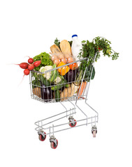Healthy food - groceries in shopping cart - isolated
