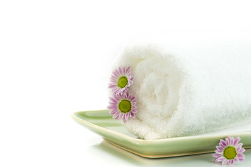 Towel with flowers on white background
