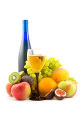 wine and fruits isolated on white