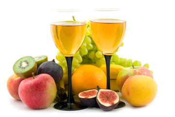 wine and fruits isolated on white