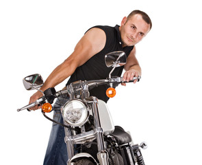 Fototapeta na wymiar man with short hair riding a bike, isolated on white