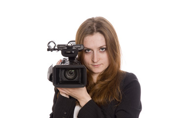 young video operator with digital camcorder isolated on white