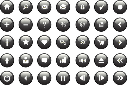 Black and White Glossy Vector Icon / Button Set for Web