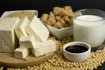 Various soy products used in vegetarian cooking