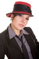 attractive brunette woman with hat. over white background