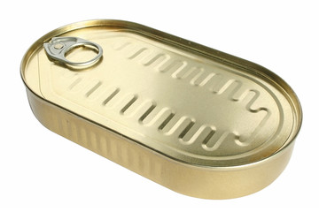 Tin with canned food on a white background.