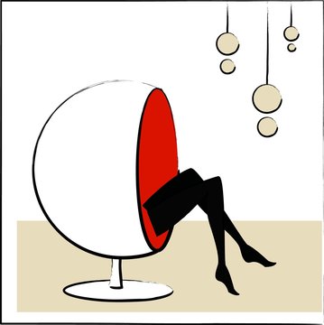 femme dans fauteuil boule - rouge et blanc
