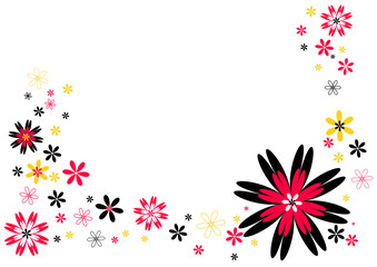 Fond graphique fleurs rouge, jaune, noires sur fond blanc