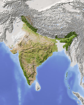 India. Shaded relief map, colored for vegetation.