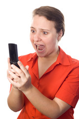 Businesswoman, on a red shirt, screaming at cellphone