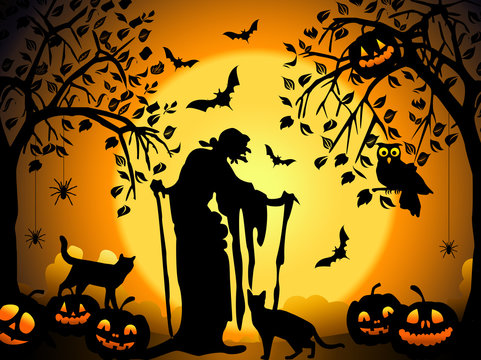Halloween witch with cats