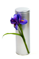 metal gift box with decorative blue flower on white background