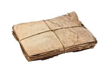 old paper parcel tied with string on white, clipping path.