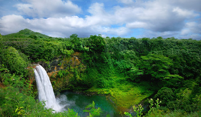 Lush Green Landscape Waterfall on the Hawaiian Islands - obrazy, fototapety, plakaty