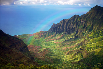 Aerial View of Kauai Coastline in Hawaii With Rainbow - obrazy, fototapety, plakaty