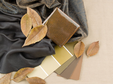 Earthy brownish upholstery leather and paint color swatches