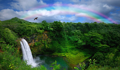 Fototapeta premium Wodospad w Kauai Z Tęczą i Napowietrznych Ptaków
