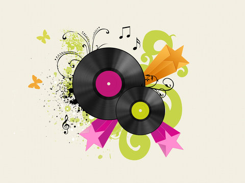 vinyl discs with floraland starred background