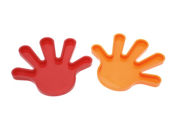 Pair of Plastic Toy Hands on White Background